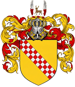 A golden shield with a red and white checkered diagonal band and ornate red and gold decorations.